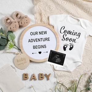 Canlierr 8 Pcs Pregnancy Announcement Set Pregnancy Reveal Ideas Include Felt Letter Round Board Kit Baby Bodysuit Booties Wood Blocks Wooden Signs for Coming Soon Baby Announcement(White)