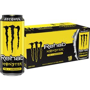 Monster Energy Rehab Tea + Lemonade + Energy, Energy Iced Tea, Energy Drink 15.5 Ounce (Pack of 15), Best By: 06.25.23