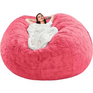 Bean Bag Chair Cover for Kids Adults(Cover Only,No Filler),Big Round Soft Fluffy PV Velvet Washable Lazy Sofa Bed Cover for Adults,Living Room Bedroom Furniture Outside Cover (Rose Red, 7FT)