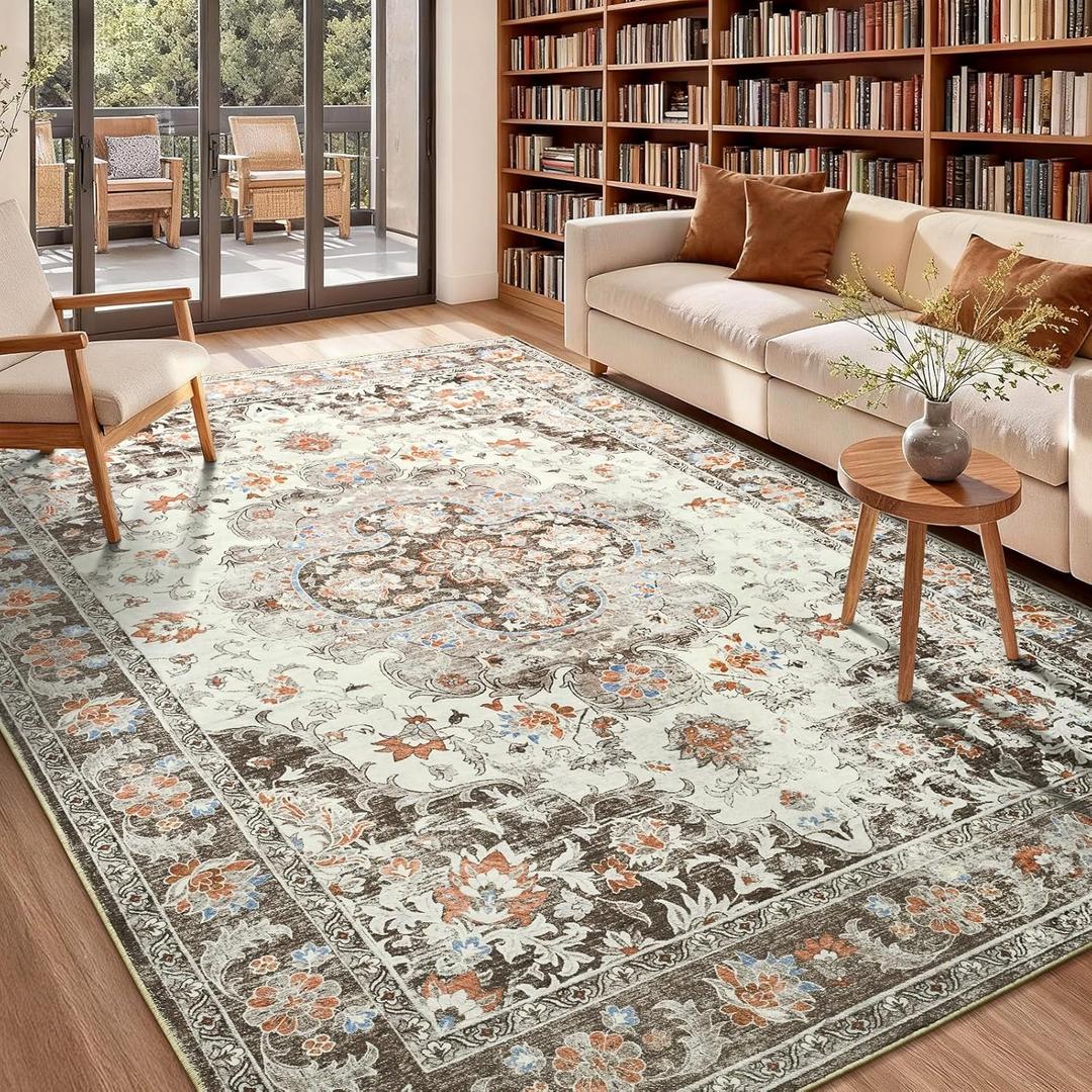 4x6 Area Rug for Living Room, Machine Washable Rugs with Non-Slip Backing for Bedroom, Vintage Throw Rugs Low Pile Carpet for Dining Room Kitchen Office Home Decor, Brown