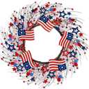 4th of July Independence Day Red White Blue Berry Wreath with Flag, ZOXILEN 20 inch American Flag Stars Wreath Patriotic Decoration, Memorial Veterans Day Berry Hanging Decor