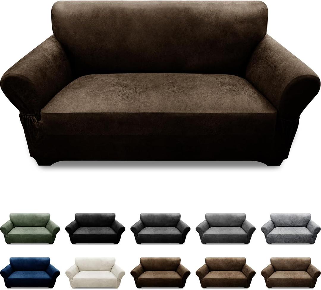 Loveseat Sofa Slipcover Leather Look Couch Covers for 2 Seater Couch Sofa 1-Piece Sofa Cover Stretch Furniture Protector with Elastic Bottom & Pockets(Loveseat, Coffee)