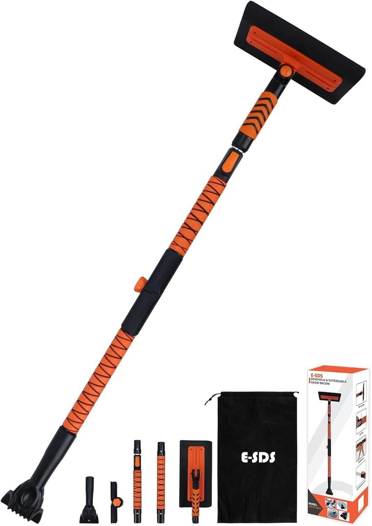 E-SDS 60 Snow Broom Ice Scraper Bendable Snow Remover for Cars with 12.2 Foam Head, Extendable Snow Brush for Car, Truck and SUV (Orange and Black)