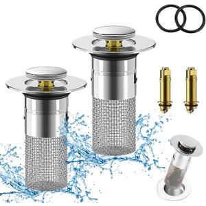 Bathroom Sink Drain Strainer, Pop-up Sink Drain Strainer with Removable Stainless Steel Strainer Basket Hair Catcher, Bathroom Sink Strainer for Bathroom Sink Stopper Replacement(2PCS)