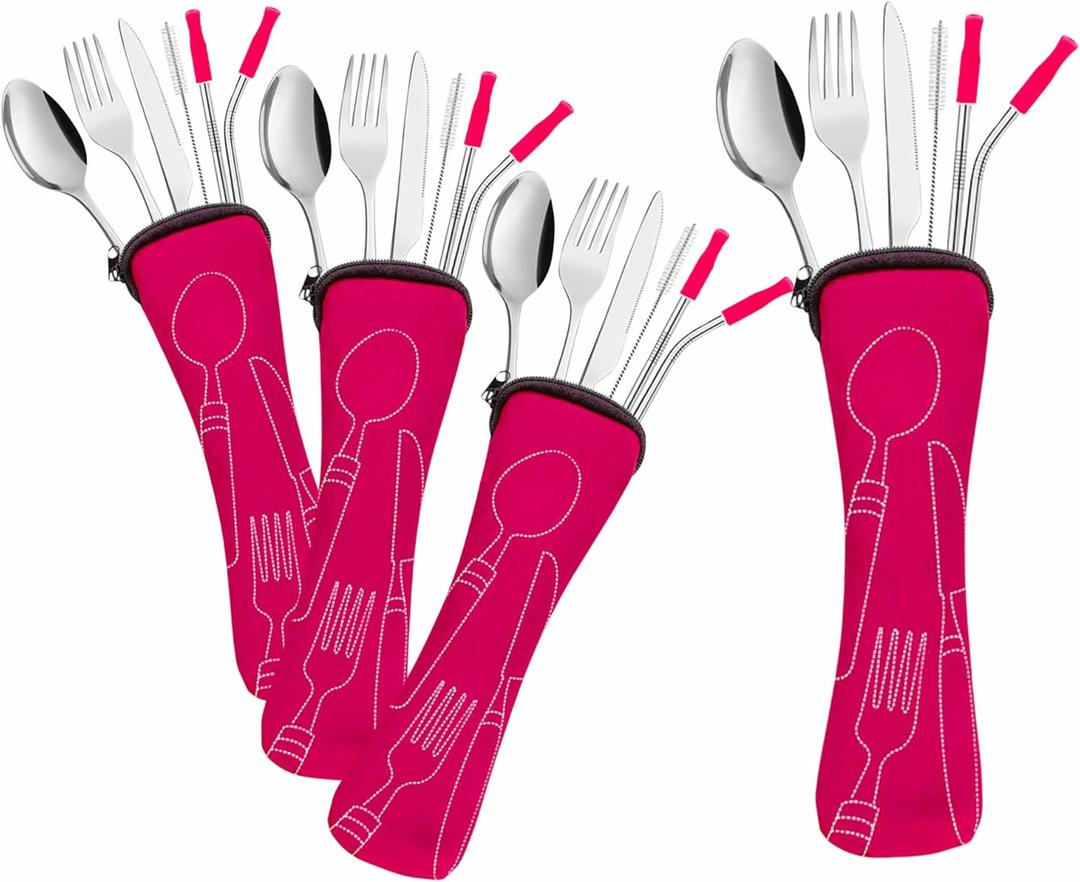 Travel Utensils Set with Case 4 Pack, Reusable Stainless Steel Portable Cutlery (Fork, Spoon, Knife, Straws & Cleaner) for Work, Dorm, Camping, Lunch Box, Compact Durable Silverware by Ecoberi (Pink)
