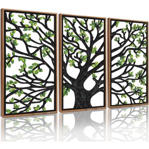 CHDITB Wooden Tree of Life Framed Wall Art(Set of 3, 16"x32"), 3 Panel Rustic Birch Green Leaves Hollow Laser Cut Artwork Decor, Modern Family Tree Wall Sculpture for Living Room Bedroom