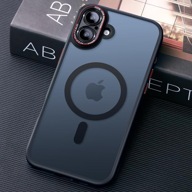 JUESHITUO for iPhone 16 Plus Case with 1X Screen Protector, [Tailored for MagSafe] [Mil-Grade Shockproof Defense] with Integrated Lens Protection Translucent Matte Phone Case for iPhone 16 Plus, Black