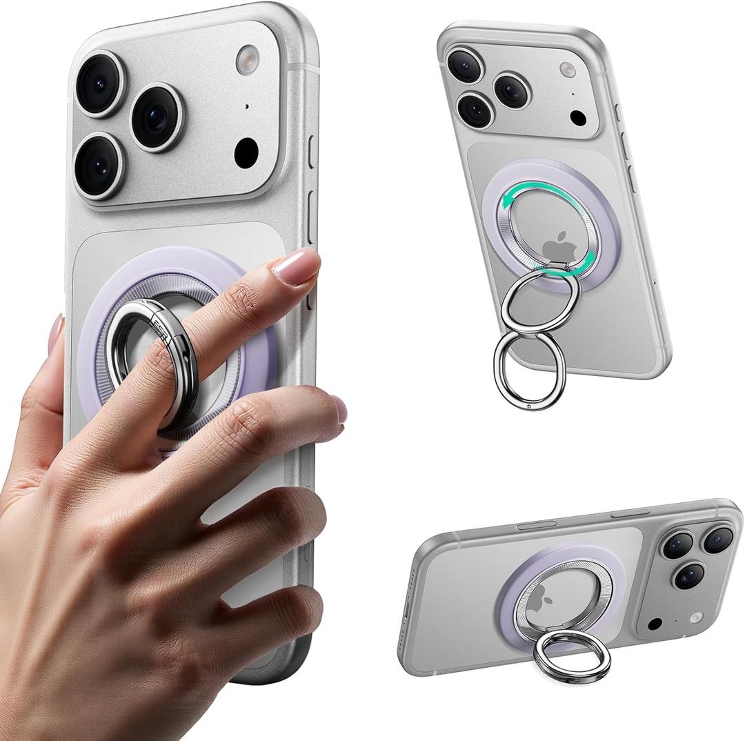 ESR for MagSafe Phone Grip, Dual-Side Magnetic Phone Grip,360 Adjustable Thin Magnetic Ring Holder Stand,for iPhone 17 16 15 14 13 12, Samsung,All Phones, MagSafe Accessories (2 Metal Rings Included) (Lavender)
