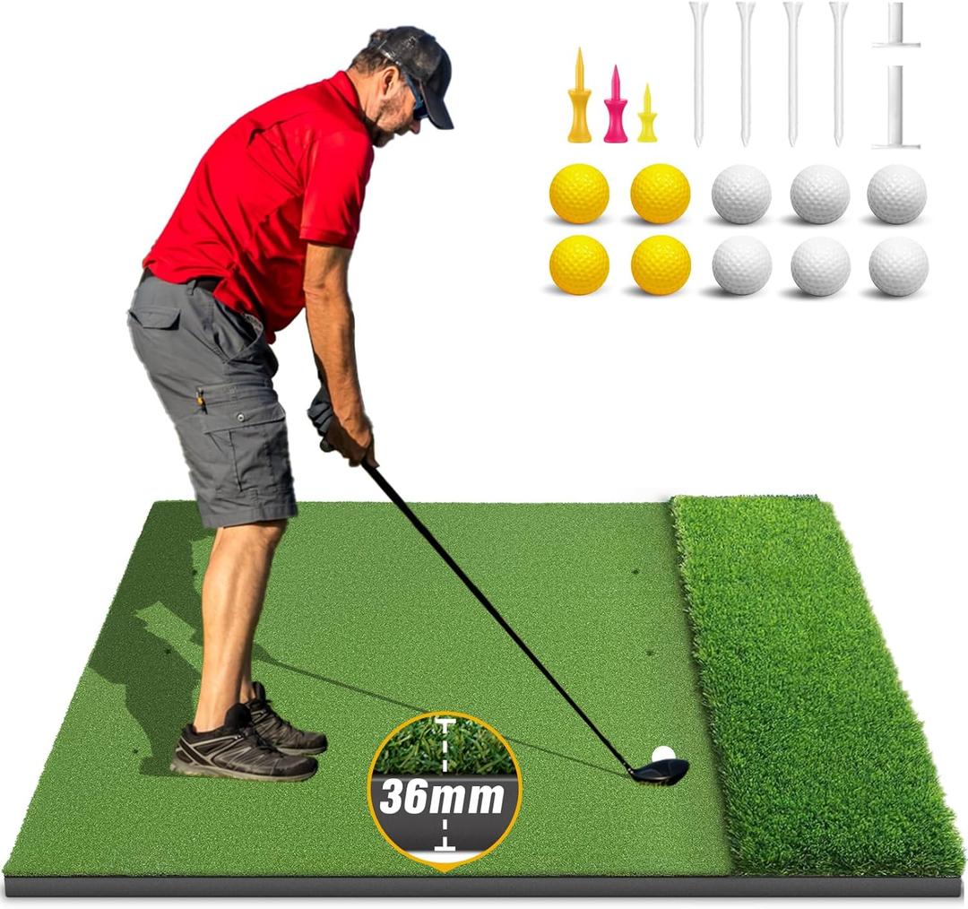 Dual-Turf Golf Mat 36mm: 5x4ft/5x5ft Extra Thick Golf Hitting Mats Practice Outdoor Indoor, High-Density Artificial Hitting Training Matt for Garage Simulator Chipping Driving Swing