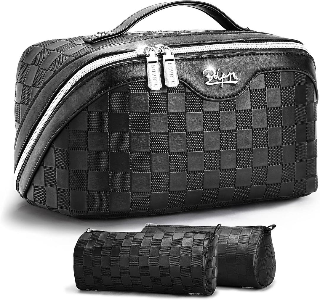 BOYATU Travel Makeup Bag Organizer: 3 Pcs Set Large Capacity Cosmetic Bags Holds 1020 100ml Full-Size Bottles for 315 Day Trips - 180Open-Flat Make up Case 3-sec touch-up - Toiletry Bag Gift women (01-Black)