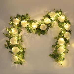 Dolicer 2Pcs 13Ft Artificial Eucalyptus Garlands with Flowers - 8 Roses, Faux Floral Greenery Garlands with 13Ft String Lights Fake Flower Vines for Wedding Table Centerpieces Arch Party Decor (White) (2 Pcs, White Rose With Lights)