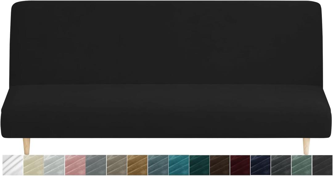 MAXIJIN Velvet Futon Cover Full Size Stretch Futon Mattress Cover Thick Soft Armless Sofa Bed Slipcover Plush Couch Furniture Protector with Elastic Bottom, Machine Washable (Black)