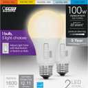 Feit Electric A21 100W LED Light Bulb, 100W Equivalent, Dimmable, Color Selectable 6-Way, 5CCT, E26 Medium Base, 90CRI, 1600 Lumens, 22-Year Life, Damp Rated LED Lightbulb, OM100DM/6WYCA/2, 2 Pack