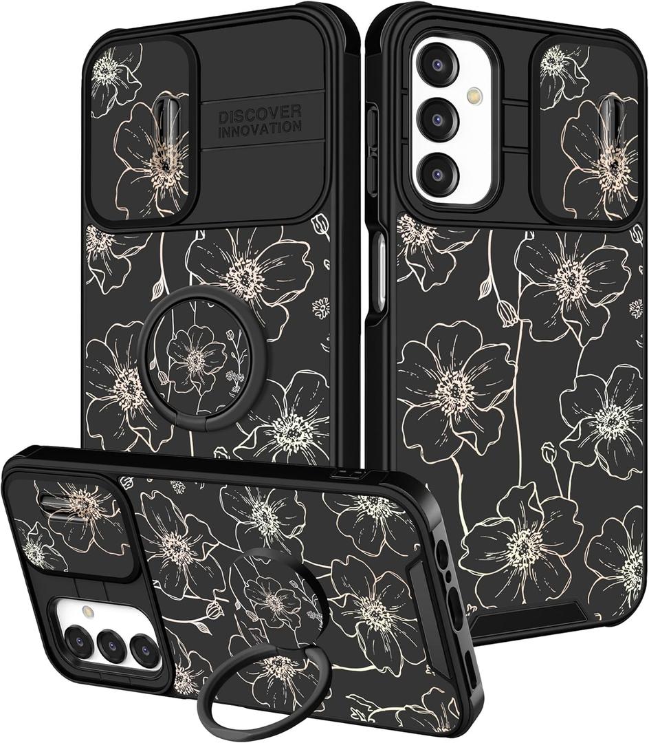 Funermei for Samsung Galaxy A15 5G Phone Case - Women Girls Cute Phone Cover Girly Pretty Aesthetic Gold Flower Unique Design with Camera Cover Ring Stand Funda for Samsung A15 5G Case