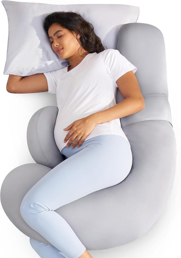 Momcozy Cooling Pregnancy Pillow,Original F Shaped Maternity Pillow for Pregnant Women with Adjustable Wedge Pillow, Full Body Support Pregnancy Pillows for Side Sleeping with Velvet Cover, Light Grey, 53inch
