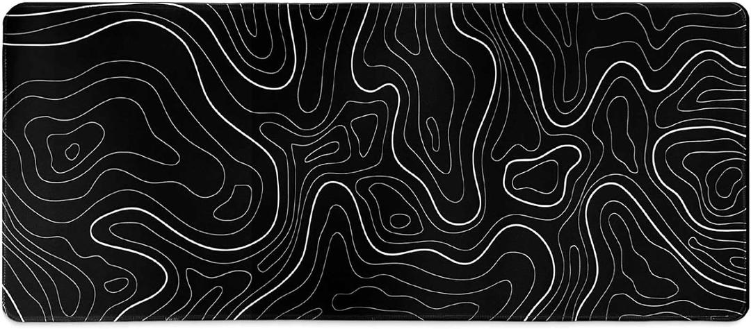 Long Black Topographic Line Gaming Mouse Pad 31.5 x 11.8 inches, Extended Anime Mousepad,Full Keyboard Mat with Stitched Edges