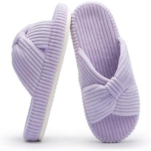 Chantomoo Slippers for Women Memory Foam House Bedroom Corduroy Bow Crossbands Slide Slipper Shoes Comfy Trendy Gift Slippers (11-12, Light Purple)