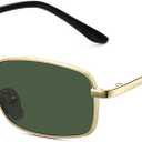 Rectangle Sunglasses for Women 90s Retro Small Narrow Square Frame UV400 Protection (Gold Frame Green Lens)