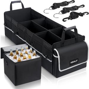 HIRALIY 4 in 1 Car Trunk Storage Organizer with Leakproof Cooler Bag, Made of 1680D Oxford and PP board, Multi-Compartment Foldable Trunk Storage Box for Car Truck SUV