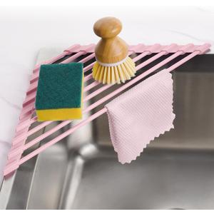 Tomorotec Compact Silicone-Coated Triangle Dish Drying Rack for Sink Corner - Foldable Stainless Steel Over-The-Sink Organizer and Storage Shelf (Pink)