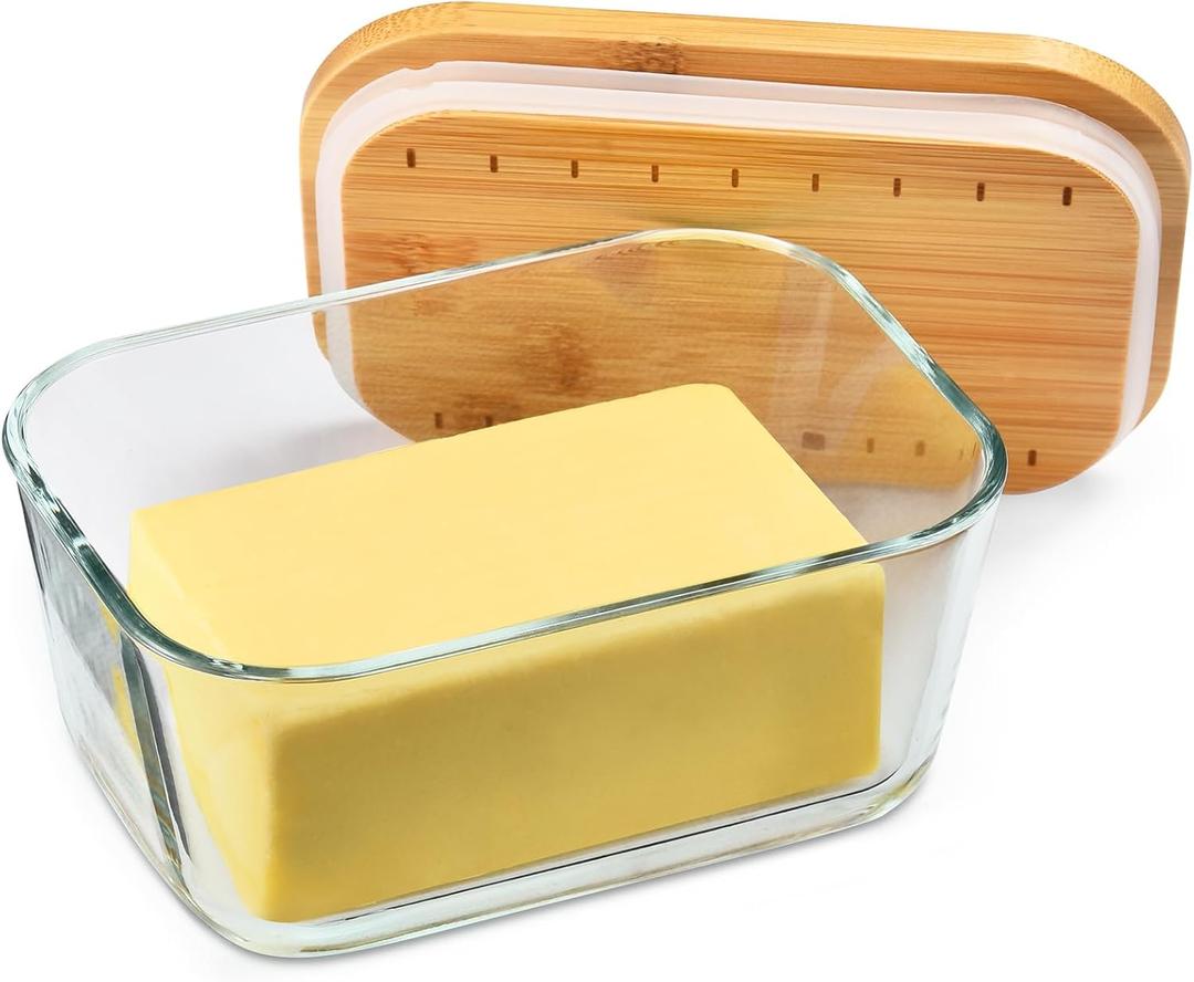 Glass Butter Dish With Sealed Lid - Large Tray for Refrigerator and Outdoor Use - Dishwasher Safe