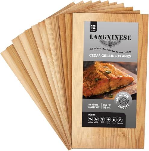 Langxinese Bigger 12 PK, Cedar Planks for Grilling Salmon,11"x 5.5" Better Smoking, Add Best Smoky Flavor to Salmon, Veggies, Restaurant Quantity