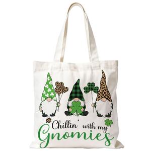 YRDBGHZDF Green Plaid Leopard St. Patrick's Day Gnome Tote Bag, Irish Lucky Shamrock Gnome Canvas Tote Bags, Chillin with My Gnomies Reusable Grocery Shopping Bag