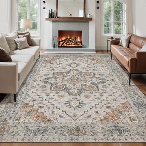 Tangsoo 8x10 Area Rug for Living Room, Washable Vintage Rugs Indoor Non Slip Large Area Rugs, Print Distressed Grey Carpet, Soft Low Pile Foldable Floor for Bedroom Dining Room Dorm, 