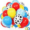 68Pcs Red Yellow Blue Toy Balloons 12 Inch Light Blue Cloud Cow Print Balloons for Baby's Birthday Story and Football Party Themed Decorations.