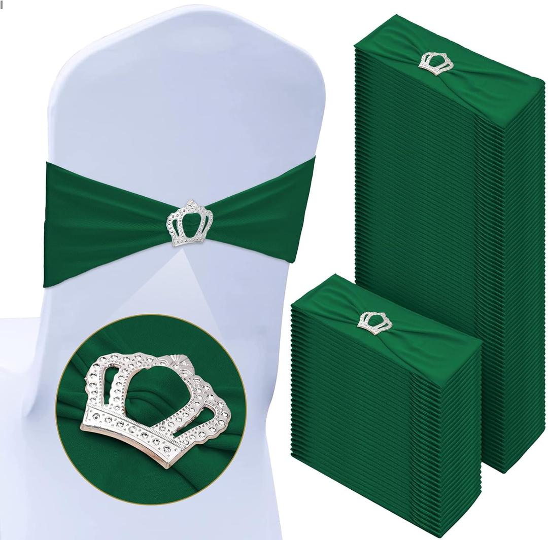 VitalCozy 100 Pcs Spandex Chair Sashes with Crown Buckle Slider Stretch Chair Bands Cover Ties for Wedding, Banquet, Gala, Corporate Event, Birthday Party, Baby Shower(Dark Green)