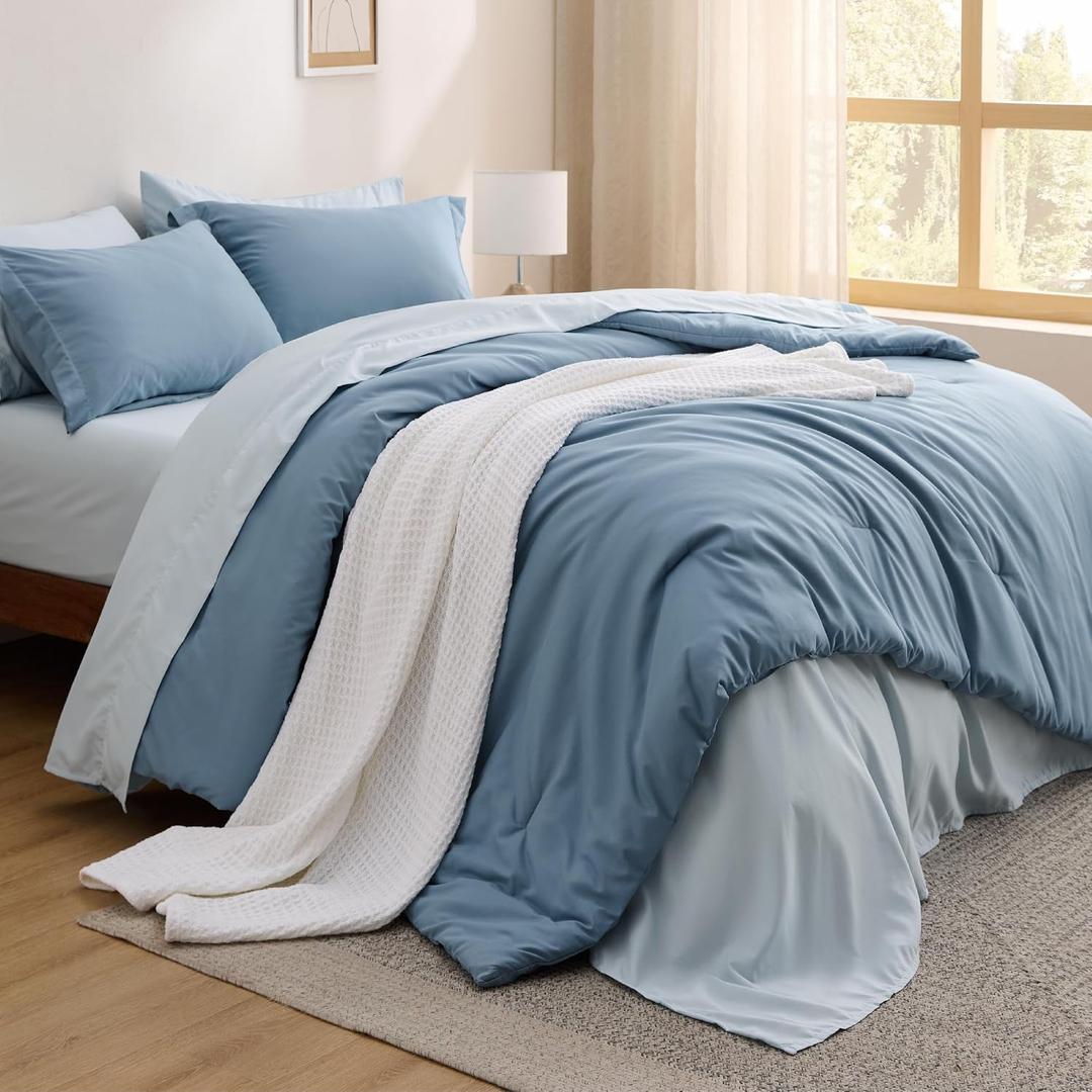 Bedsure Twin Comforter Set - 5 Pieces Grayish Blue Twin Bedding Set for All Seasons, Boho Contrasting Design Bed in a Bag with Comforter, Sheets, Pillowcase & Sham