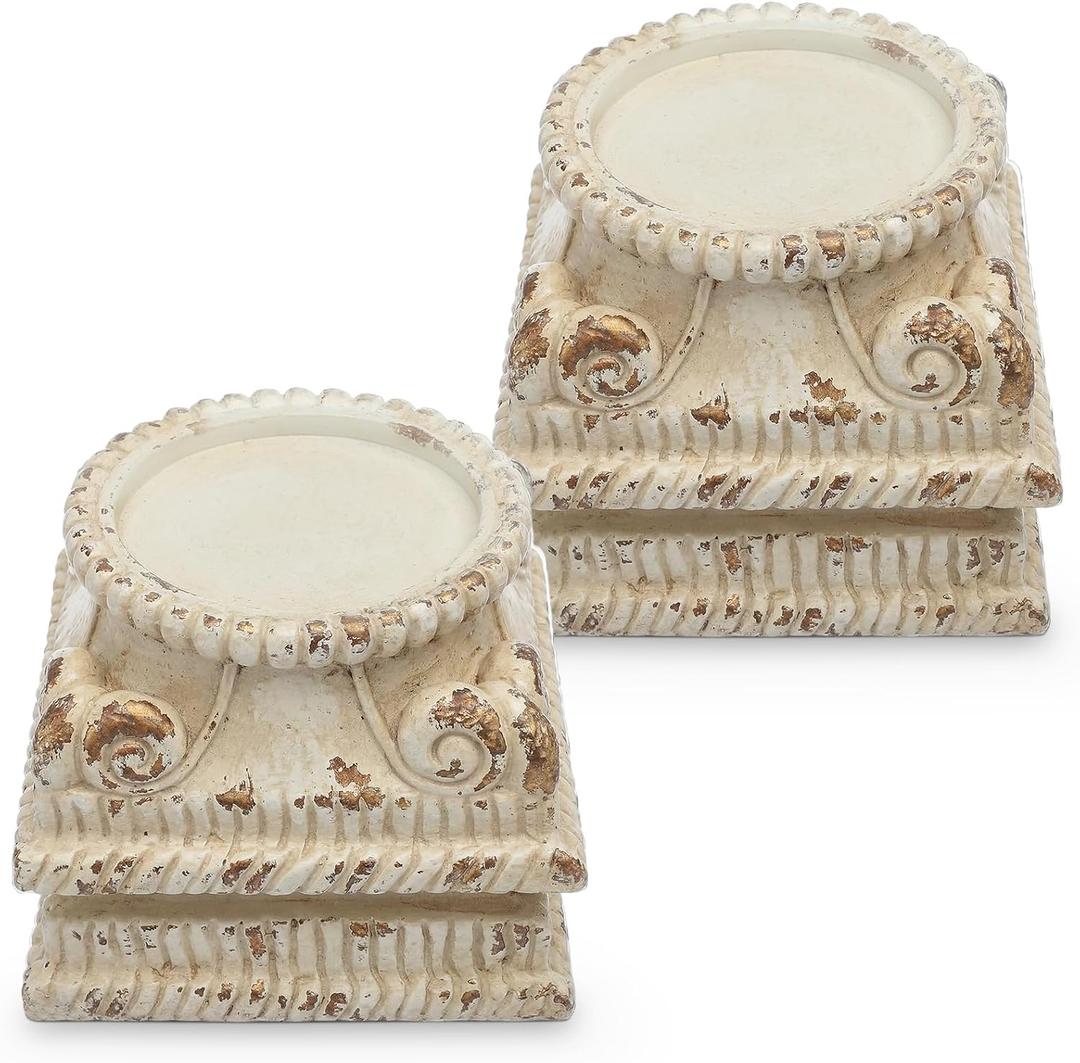 2 Pcs Pedestal Stand for Decoration Display Distressed Vintage Column Stand White Embossed Plant Candle Pedestal Small Classic Plinth Base for Party Wedding Home Decorative Table Centerpiece