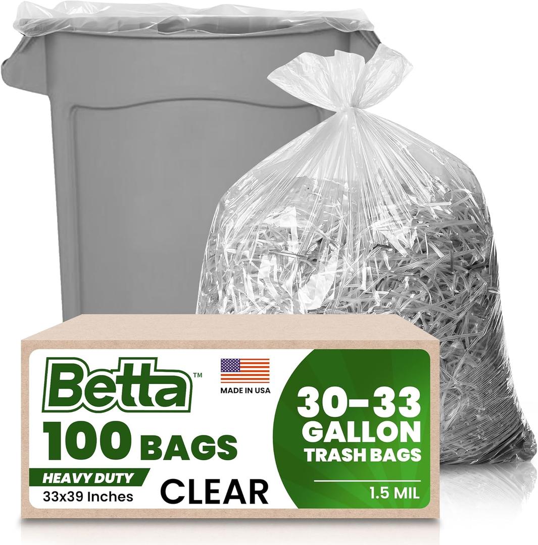 Betta 30-33 Gallon Clear Trash Bags, 100 Count Box, (33x39-inch) Commercial Heavy-Duty Garbage Can Liners for 20-32 Gallon Round Cans, 23-29 Gallon Slim and Square Cans