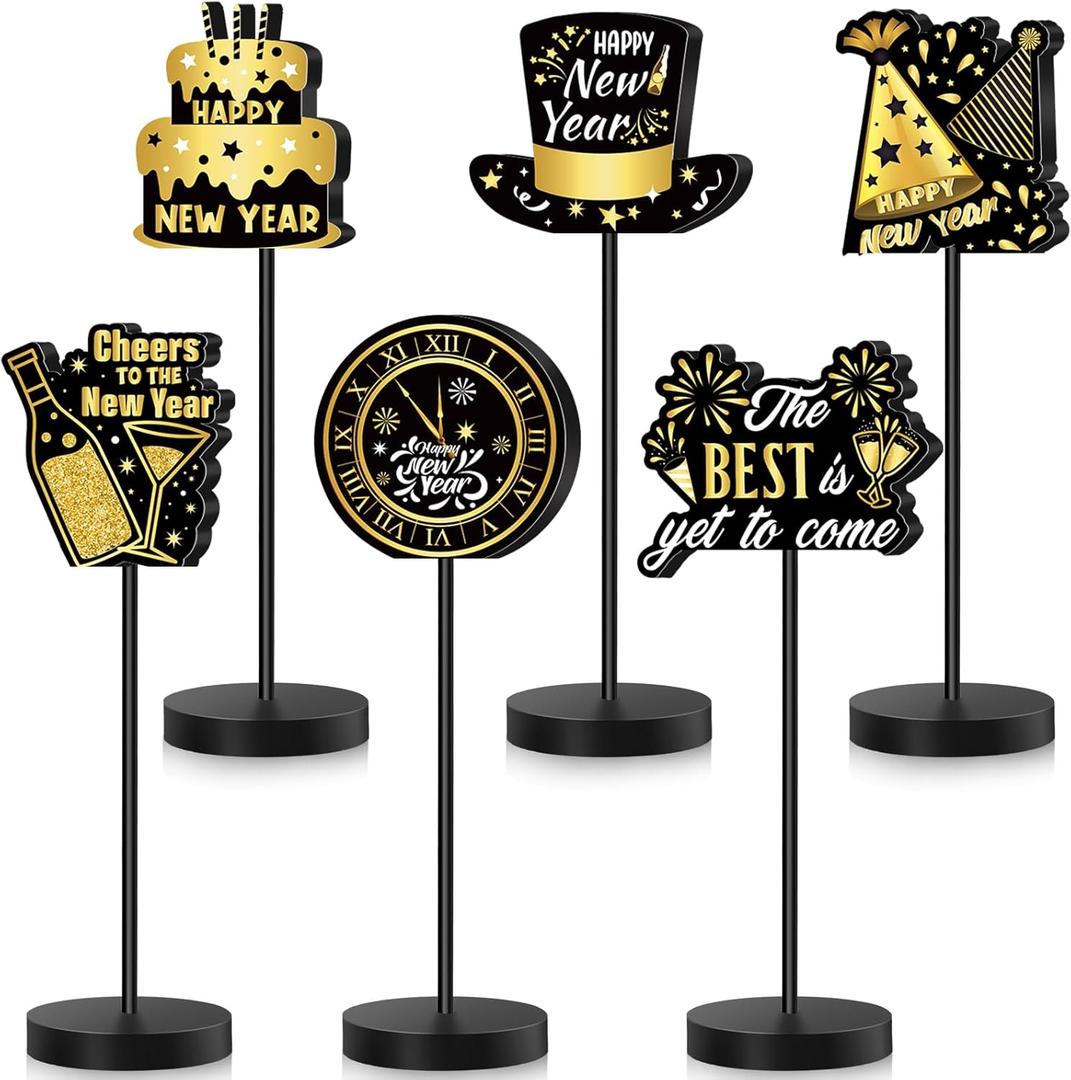 6 Pcs New Years Centerpieces for Tables Happy New Years Table Decoration Party Standing Tabletop Decor for Celebration Black and Gold Wooden Sign Single-sided Printed for 2026 Eve Party