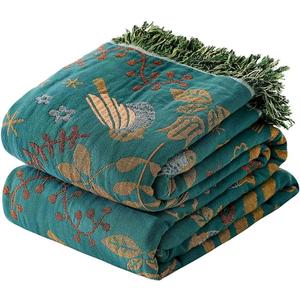 Boho Throw Blanket - 100% Cotton Soft Throw Blanket for Bed, 50"x60" Reversible Breathable Lightweight Spring Blankets, All Seasons Farmhouse Decor Floral Plant Bird Throw Quilt
