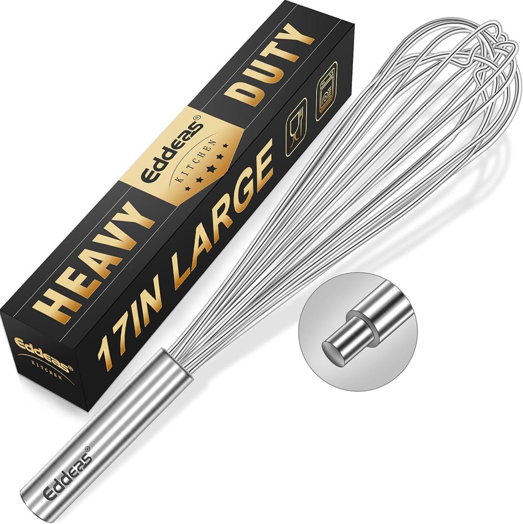 Eddeas 17in Large Whisk,Heavy Duty whisk, Stainless Steel whisk Suitable for Mixing Thick Batter, Dry Ingredients and Seasonings.Accessories for Professional Commercial Kitchens