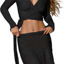 Saodimallsu Womens 2 Piece Sheer Mesh Cover Up Long Sleeve Wrap Tie Crop Tops Ruffle Mini Skirt Beach Coverup Set (XX-Large, Black)