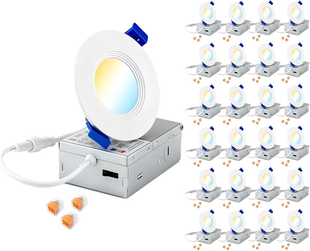 Zouzai 24 Pack 3 inch Ultra-Thin LED Recessed Ceiling Light with Junction Box 5CCT Adjustable Dimmable Can-Killer Downlight - ETL and Energy Star Certified (Baffle, 3 inch)