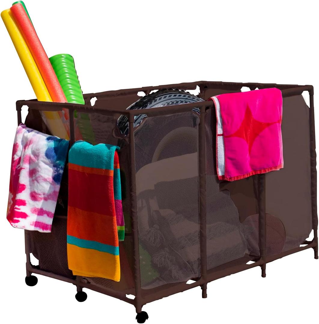 Modern Blue Pool Storage Bin - XX-Large | Nylon Mesh Basket Organizer For Your Goggles, Beach Balls, Floats, Swim Toys & Accessories | Air Dry Quickly & Easily Roll To Your Home Garage or Shed, Brown