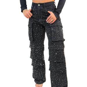 Womens High Waisted Rhinestone Jeans Black Straight Chic Baggy Wide Leg Bling Denim Pants Loose Fit Pearl Jeans, Large