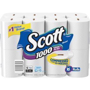 Scott 1000 Sheets Per Roll Toilet Paper, Bath Tissue, 16 Rolls 