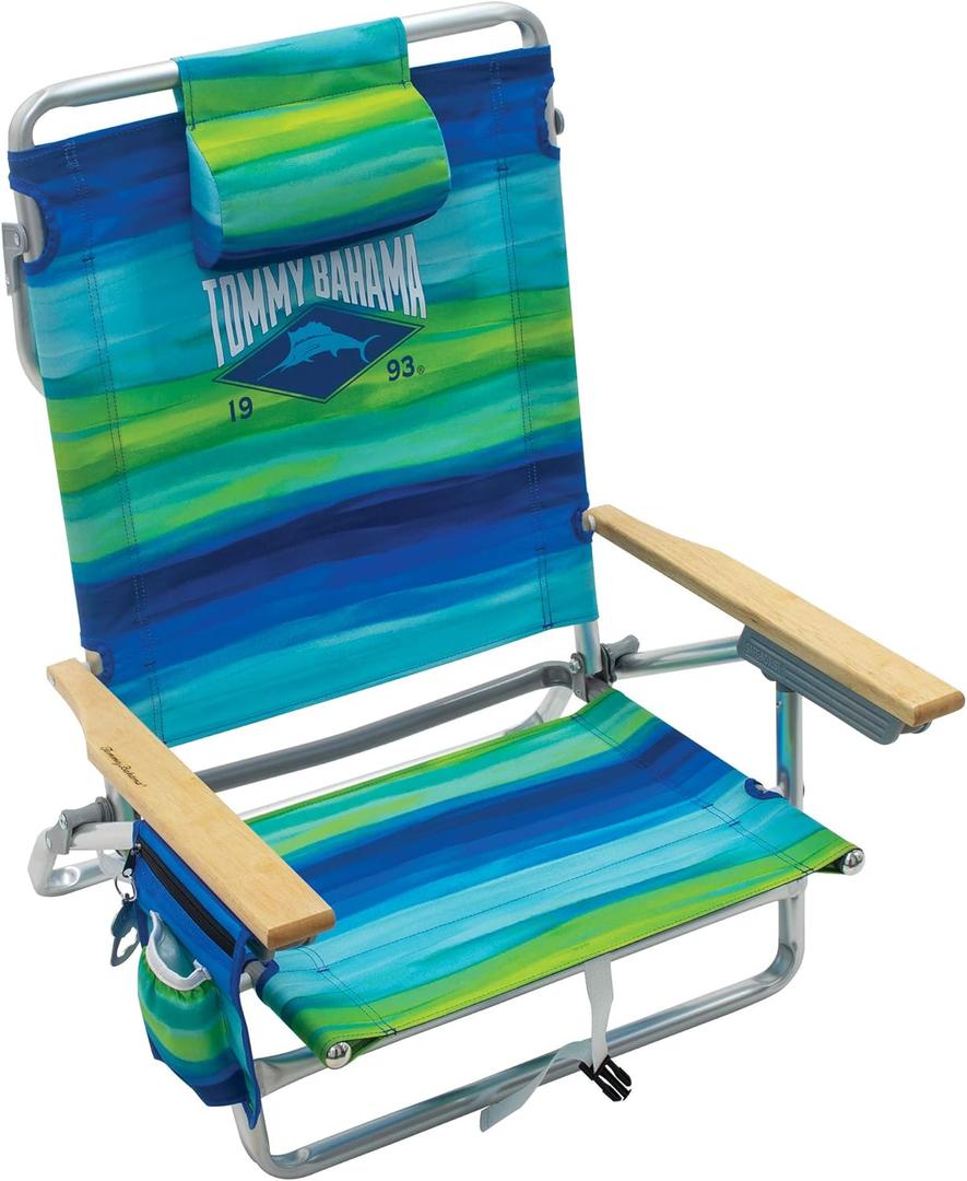 Tommy Bahama 5-Position Classic Lay Flat Folding Backpack Beach Chair, Blue and Green Stripe, 23" x 25.25" x 31.5"