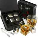 4 XL Stainless Steel Whisky Ice Cubes, Special Tongs & Freezer Pouch in Luxury Gift Box for Whiskey Lovers!