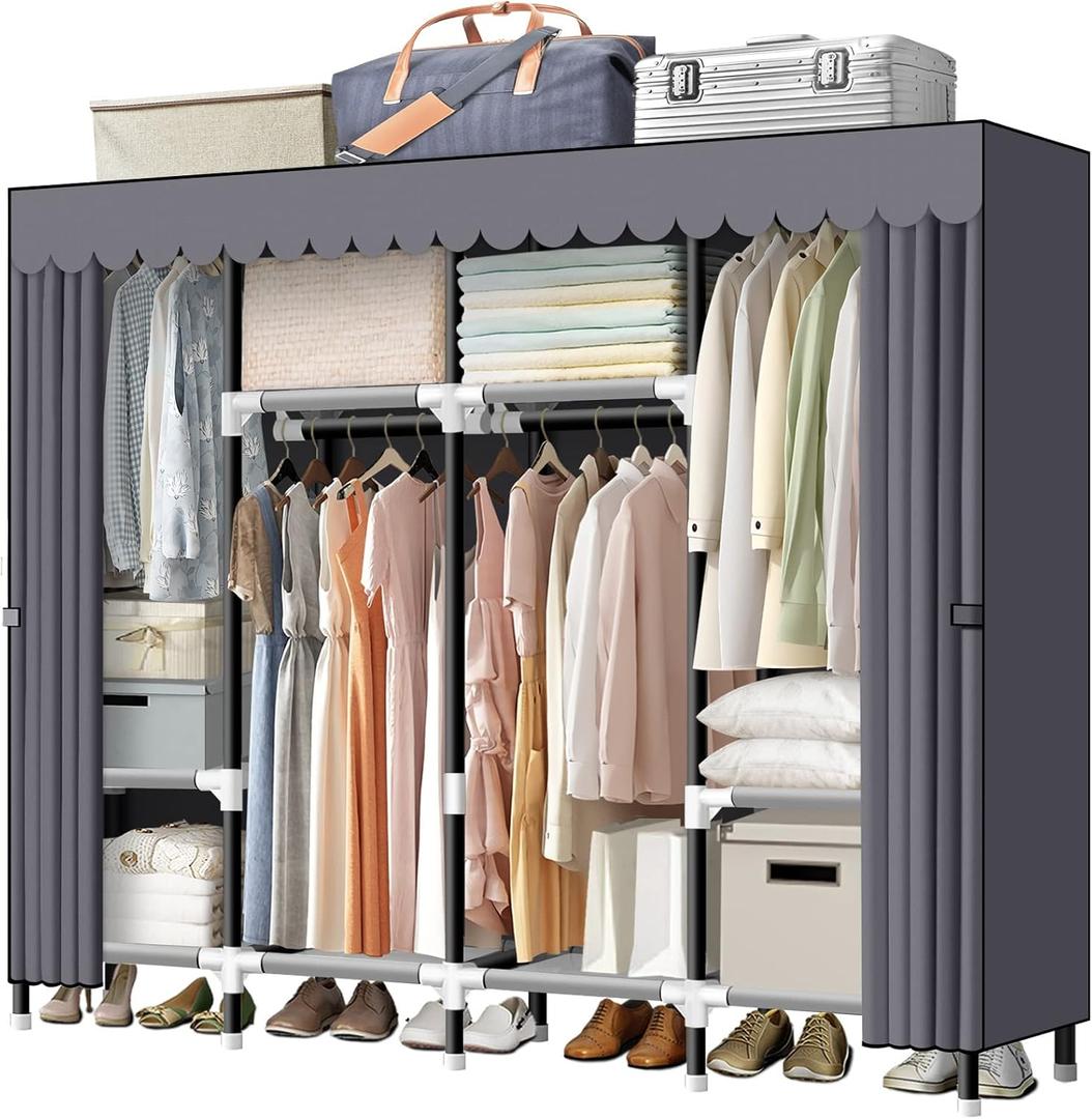 LOKEME Portable Closet, 67" Wardrobe Closet for Hanging Clothes with 4 Hanging Rods, 25mm Steel Tube Clothes Storage Organizer for Extra Sturdy, Quick and Easy to Assembly, Gray Cover (Grey)