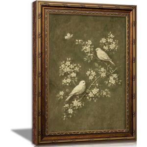 Vintage Gold Framed Bird Wall Art, White Flowers Botanical Oil Painting Canvas Print, Rural Animals Picture Wall Decor, Rustic Farmhouse Poster Artwork for Living Room Bedroom, 24"L x 16"W