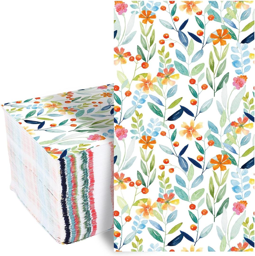 Whaline 100Pcs Spring Floral Guest Napkins Colorful Leaves Flowers Paper Napkins Greenery Disposable Dinner Hand Napkin Towel for Home Kitchen Bathroom Holiday Party Supplies