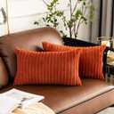 UGASA Fall Pack of 2 Velvet Pillow Covers Striped, Soft Textured Throw Cushion Case Set Corduroy Lumbar Pillowcases with Hidden Zipper for Home Decor Indoor Outdoor (12"x20", Burnt Brick)