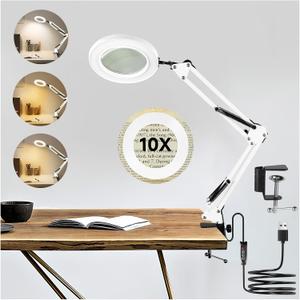 10X Dimmable LED Magnifying Lamp with Light and Stand, Real Glass Magnifier, 3 Color Modes - Hands Free for Craft, Reading, Painting, Sewing, Welding