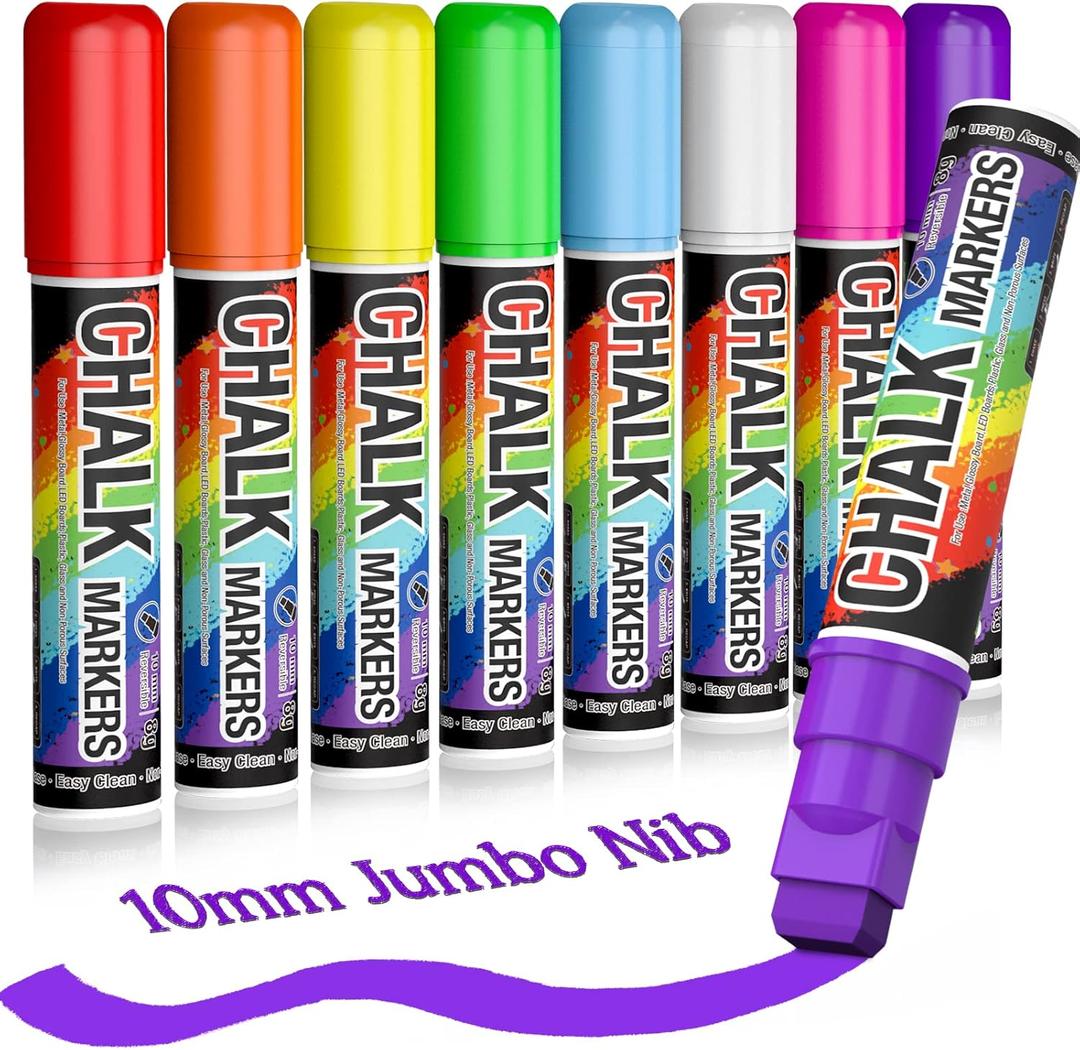 Window Chalk Markers for Cars Washable: 8 Colors Jumbo Liquid Chalk Marker with 10mm Thick Tips, Big Chalkboard Markers, Car Window Paint Markers Pen for Glass, Auto, Bistro, Mirror, Poster, Business