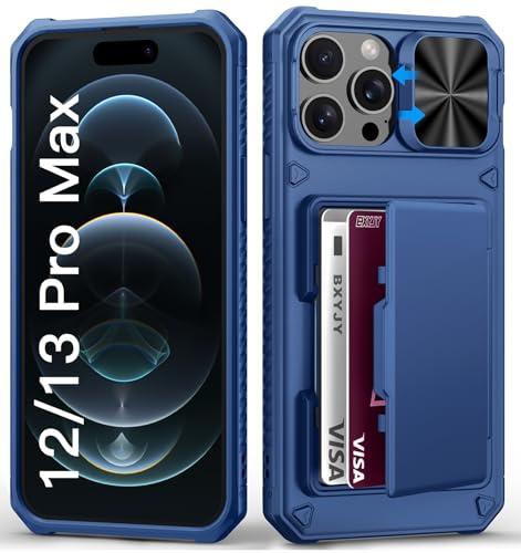 BXYJY for iPhone 12 Pro Max & 13 Pro Max Case with Card Holder (4-5 Cards), Slide Camera Cover, Military Grade Drop, Rugged Heavy Duty Men Women Shockproof Phone Case for iPhone 12 Pro Max, Blue